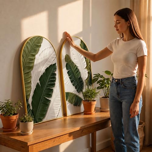 Image of Livin'luxe Set of 2 Tropical Leaf Wall Painting for Living Room, Green Botanical Modern Artwork, PVC Golden Frame, Arch Shape Wall Decor for Bedroom, Hall, Office & Gift (30 x 32 Inch) RPNL-02-115