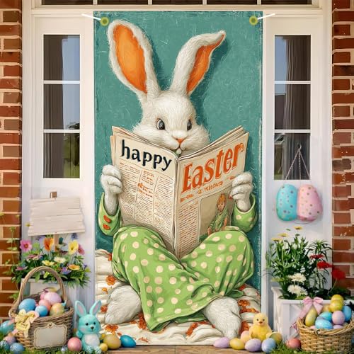 Image of Happy Easter Door Cover Reading Bunny Banner Retro Funny Rabbit Front Door Decorations Home Party Outdoor Decor 35.4x71 Inch