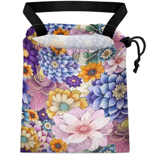 Image of Car Trash Bag Hanging Back of Seat Waterproof Small Cute Printed One-Handed Strap Drawstring Garbage Bags for Car-Purple Boho Floral