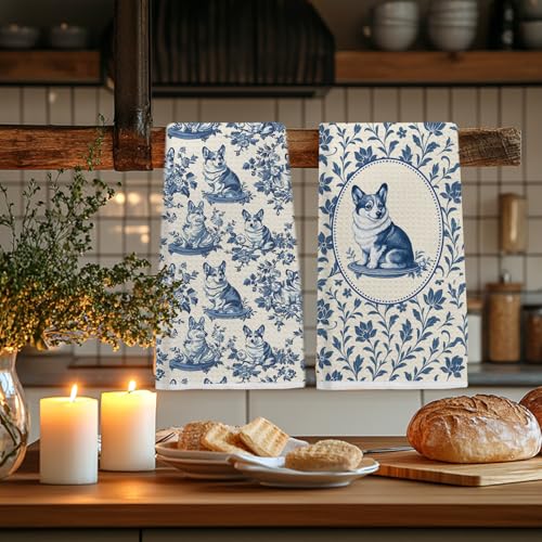 Image of Blue Chinoiserie Welsh Corgi Kitchen Towels, Corgi Lover Gifts Dish Tea Towels for Kitchen, Vintage French Toile Dog Decorative Hand Towel for Bathroom, Dog Lover Gifts, 16x24 Inch Set of 2
