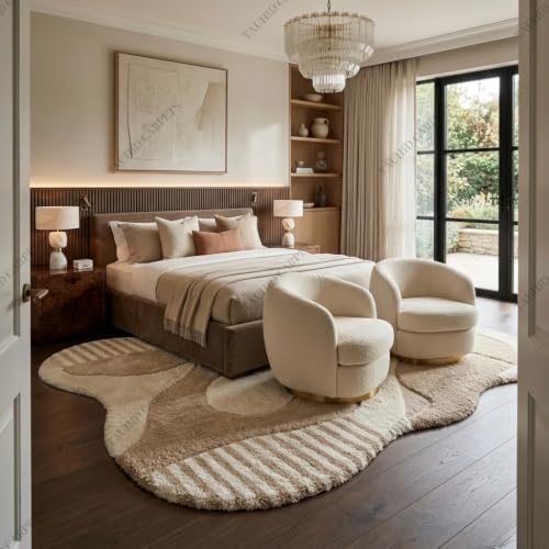 Image of Tauhid Carpet Super Soft Microfiber Shaggy Area Rug | Modern Irregular Abstract Beige & Cream Plush Carpet | Fluffy Floor Rug for Living Room, Bedroom 6 x 8 Feet.