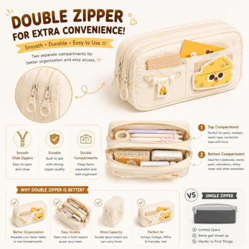 Image of Cute Aesthetic Pencil Case for Girls & Boys | 3 Layer 6 Compartment Large Capacity Pencil Pouch with Zipper | Cartoon Stationery Organizer Bag for Students & Kids (Beige)
