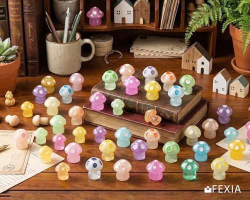 Image of FEXIA 50pcs Mini Resin Mushrooms Little Mushroom Figures Tiny Figures Glow in the Dark for Aquariums Dollhouses Fairy Garden Mushroom Decor Landscape