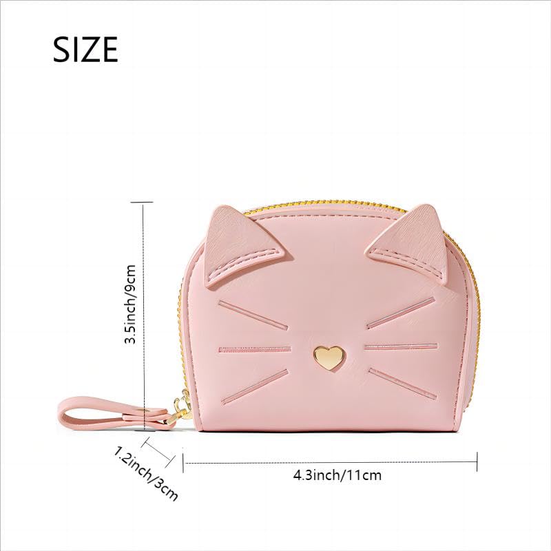 Credit Card Holder Wallet, Cute Cat Small Accordion PU Leather Card Wallet, Zipper Coin Purse with 11 Card Slots for Girls and Women Pink2