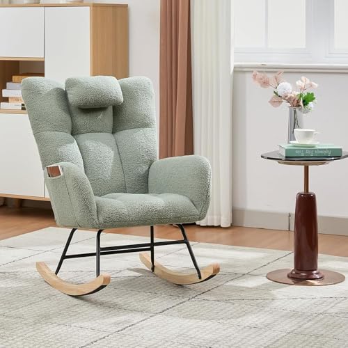 Rocking Chair Nursery Teddy, Upholstered Baby Fluffy Glider Rocker for Adults Small Spaces Indoor,Nursing Chairs for Living Room, Bedroom,Green