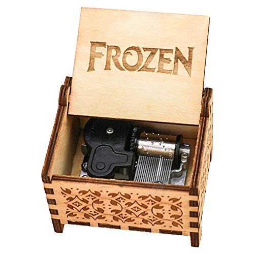 Youtang Boîte à musique La Reine des Neiges avec mécanisme à remontoir 18 notes en bois gravé pour enfants, jouer à la laisse, marron