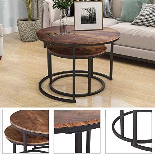 HOJINLINERO Black Round Coffee Table Set of 2 Side Table for Living Room,Industrial Stacking End Tables,Wood Look Accent Furniture with Metal Frame End Table for Bedroom Decorations,Black+Teak OAK - Image 6