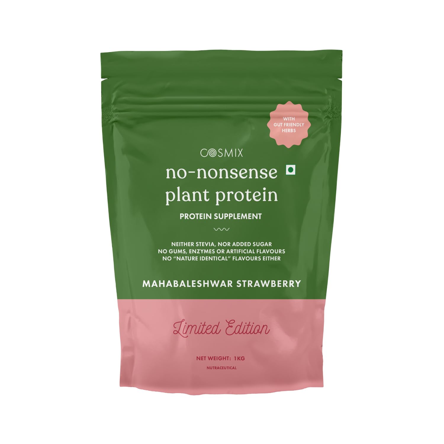 No-Nonsense Plant Protein | 23 Protein/Serve, 1Kg Pouch | Mahabaleshwar Strawberry | Plant Based Protein, Pea & Rice Isolate | Clean, Easy to Digest | All Essential Amino Acids