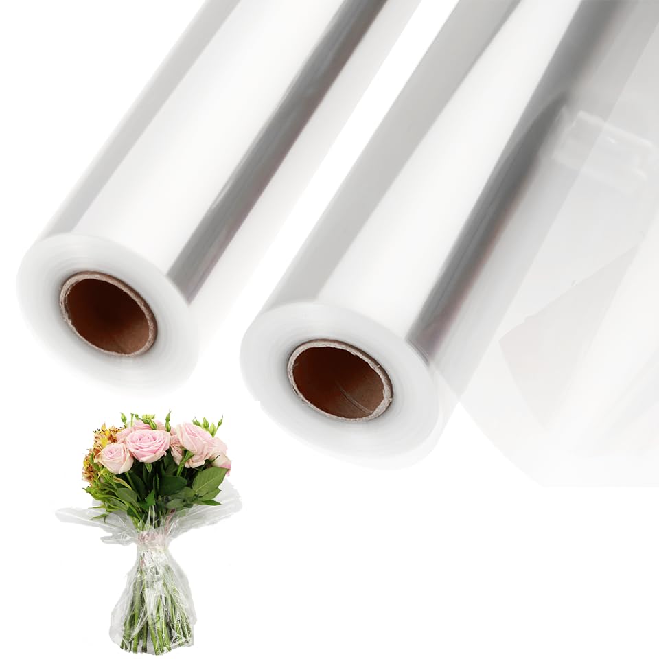 2 Rolls of 35" Wide x 220 Ft Clear Cellophane Wrap Roll, 3 Mil Thick Plastic Transparent Cello Wrapping Paper for Gift Baskets, Flower Bouquets, Large Cellophane Sheets for Gifts, Teats, Arts & Crafts, 5280 Inches Long