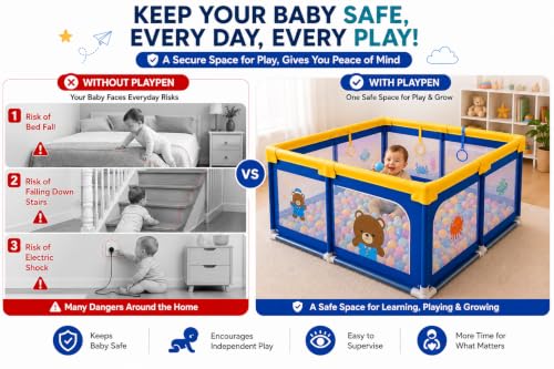 Image of MONSTECH Large Baby Playpen 150x180cm Pit Balls Playpen for Baby up to 5 Years with Anti-Fall Rings, Safety Lock, Breathable Mesh, Kids Activity Center Play Pen (Large-Blue)