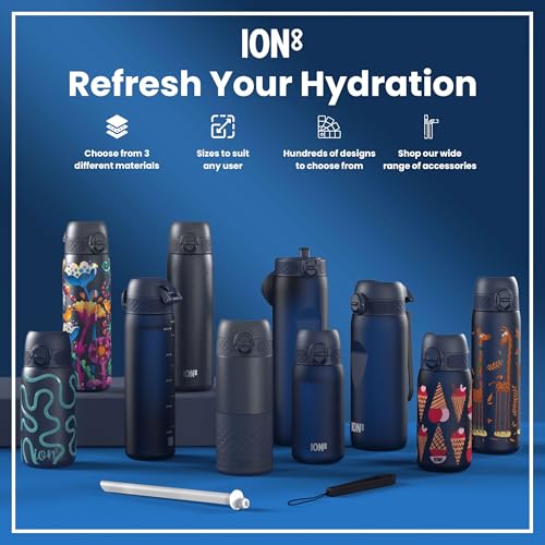 Image of Ion8 Steel Water Bottle, 600 ml /20 oz, Leak Proof, Easy to Open, Secure Lock, Dishwasher Safe, Flip Cover, Fits Cup Holders, Carry Handle, Durable, Scratch Resistant, Carbon Neutral, Navy Blue
