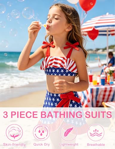 Image of ALISISTER Girls Swimsuit 3 Piece Bathing Suits Flounce Bikini Tankini Set Beach Swimwear with Cover Ups Skirt for 3-8 Years