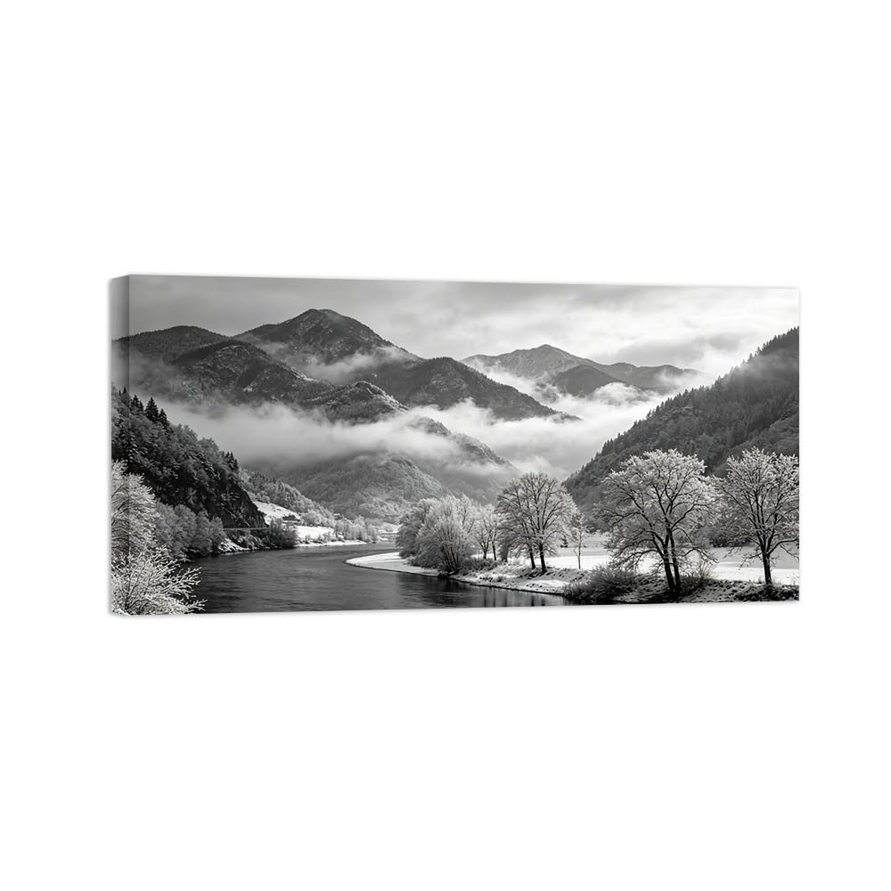 OZPWBVY Black White Landscape Wall Art. Mountain Tree River. Picture 40x80cm Unframed