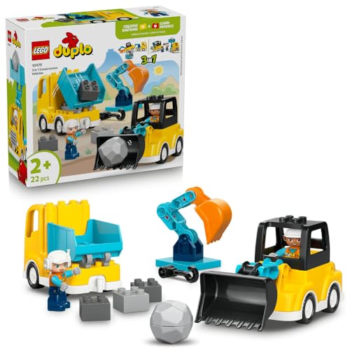 LEGO DUPLO 3 in 1 Construction Vehicles - Educational Montessori Toy for Toddlers w/Trucks Excavator Digger & Loader - Birthday Gift Idea for 2+ Year Old Boys & Girls - 10475