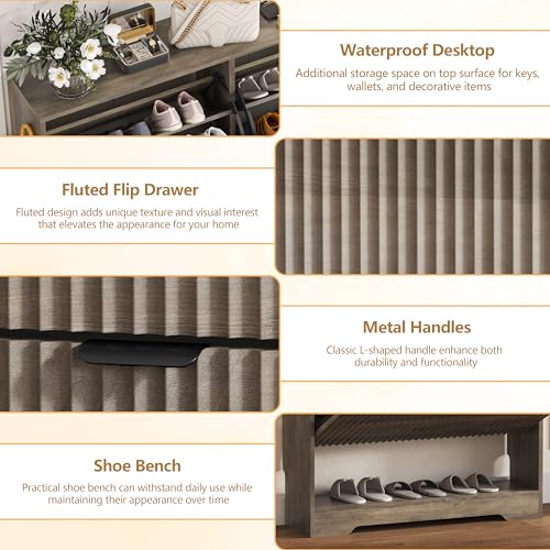 Image of HUANLEGO Shoe Cabinet Storage for Entryway with 2 Flip Drawers, Grey Fluted Shoe Cabinet with Open Storage, Wooden Hidden Shoe Rack Freestanding Narrow Slim Shoes Organizer for Hallway, Entrance