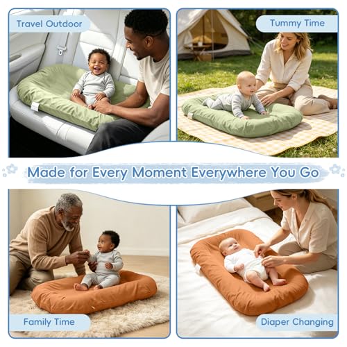 Image of Baby Lounger for Newborn 0-12 Months,100% Cotton Breathable Infant Lounger, Baby Shower Gift, Portable Lightweight Baby Nest for Home & Travel(Sage Green)