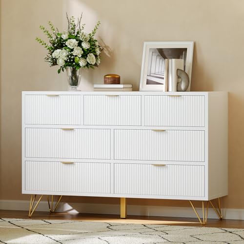 7 Drawer Dresser, 47.2" Wide Modern White Dresser for Bedroom, Wooden Chest of Drawer with Gold Metal Legs and Handles, Narrow Entryway Table Storage Organizer for Living Room, Hallway, Entryway