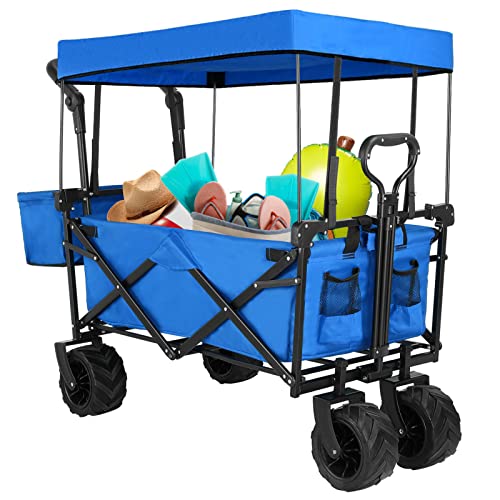 AthLike Extra Large Collapsible Wagon w/Removable Canopy, 250lbs Foldable Garden Cart w/Rear Storage, Heavy Duty Outdoor Push&Pull Utility Camping Beach Stroller w/Big Wheel&Adjustable Handles, Blue