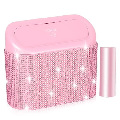 NBTEPEM Bling Pink Car Trash Can with Lid Mini Auto Garbage Can with 30 Trash Bags Automotive Garbage Container Bin Bling Car Accessories Trash Can for Women (Pink Diamond)