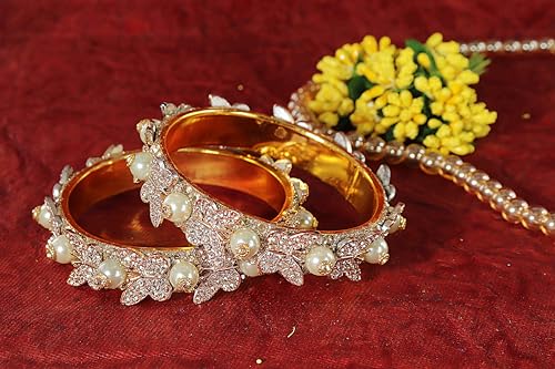 Image of LAVAZZA Stylish Butterfly Design Golden Metal with Zircon Diamond & Pearls Moti Bangles Kada For Women & Girls | Traditional Girl's Bangles Bracelet | Women's Kangan Wedding, Party-Set of 2