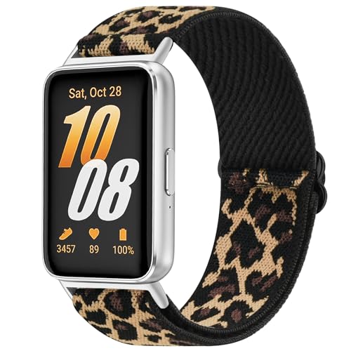 Amzpas Elastic Strap for Samsung GalaxyWatch Fit 3 Stretchy Adjustable Nylon Stylish Wristband Nylon Replacement Band (Leopard)