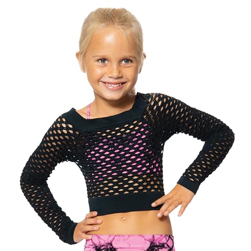 Little Girl Long Sleeve Cropped Mesh Top - Neon Outfits Tops Gym Dance Clothes for Girls Athletic Kids Age 4-6