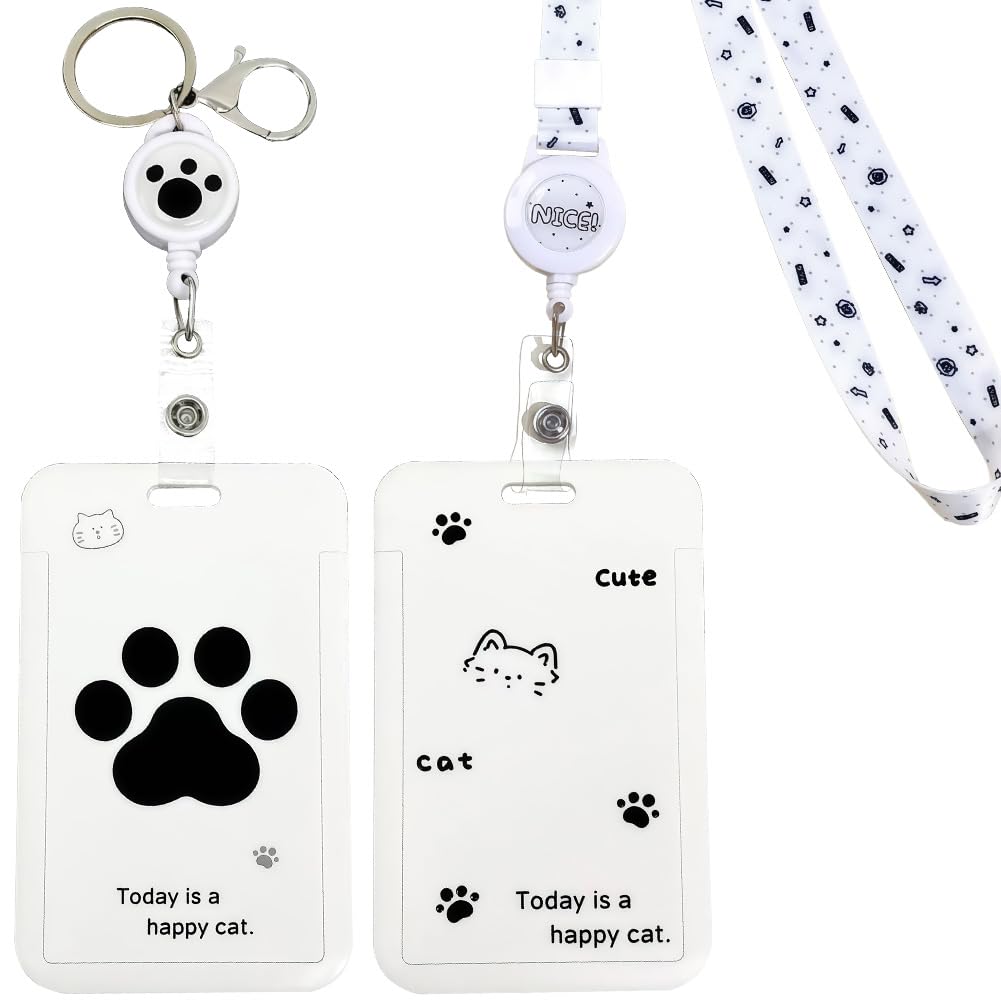 2Pcs Cat and Paw Lanyard with Card Holder, Cute Badge Holder Plastic Case with Retractable Badge Reel Carabiner Clip & Detachabl for Worker Nurse Teacher Student