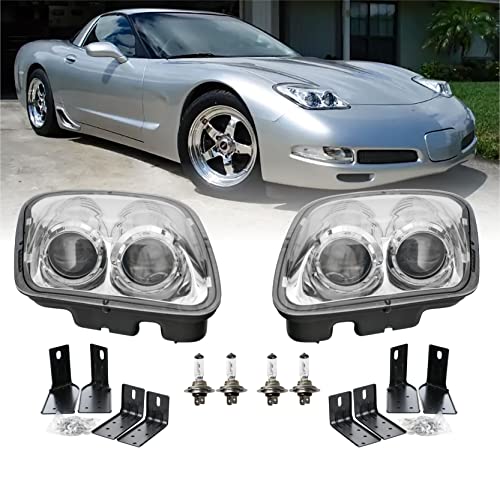 DEPO 97-04 Corvette C5 Plug and Play Chrome Housing Clear Lens Projector Headlight Upgrade Set (Left + Right) Compatible with 1997-2004 Chevy Chevrolet Corvette C5