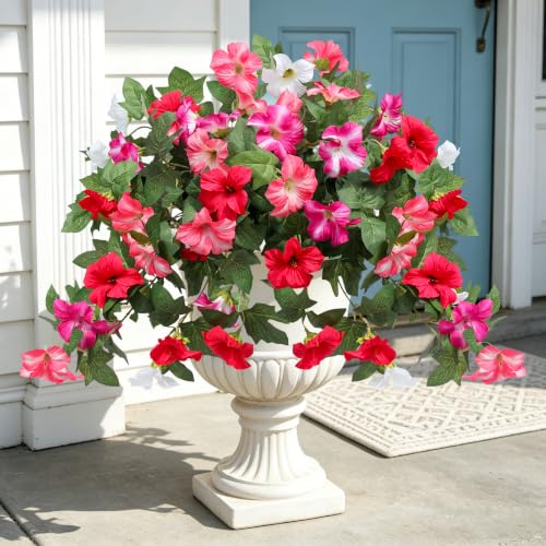 Flortevera Artificial Fake Flowers Plants for Outdoor UV Resistant, 2PCS Silk Faux Petunias No Fade Summer for Outside Planter Front Door Porch Yard Patio Balcony Realistic Decoration Red Pink