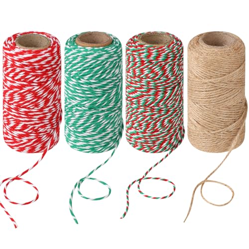 4 Rolls Natural Jute Twine Red Green & White - 70m/Roll