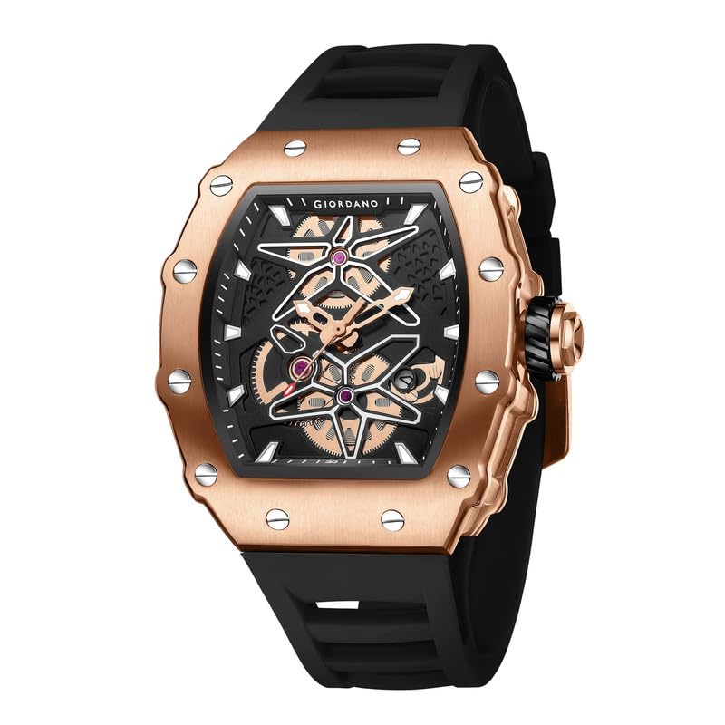 Image of Giordano Analog Skeleton Dial Watch for Men - Tonneau Case, Silicone Strap, Open-Gear Sport Design, Quartz Movement