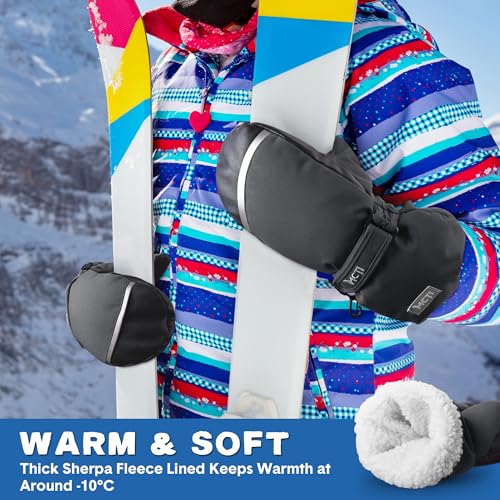 Image of MCTi Kids Mittens Waterproof Winter Ski Warm Sherpa Lined Long Cuff with String