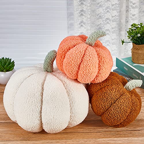 Juexica Halloween Stuffed Pumpkin Fluffy Plush Toy 3D Shaped Decorative Thanksgiving Pillow Soft Cute Throw Kids Toddlers Babies, 11 Inches, 7 Inches (White, Orange, Brown, 3 Pieces)