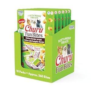 INABA Churu Fun Bites for Cats, Soft & Chewy Baked Chicken Wrapped Filled Cat Treats with Taurine, 0.42 Ounces Each Tetra, 18 Tetras (3 per Bag), Chicken with Pumpkin Recipe