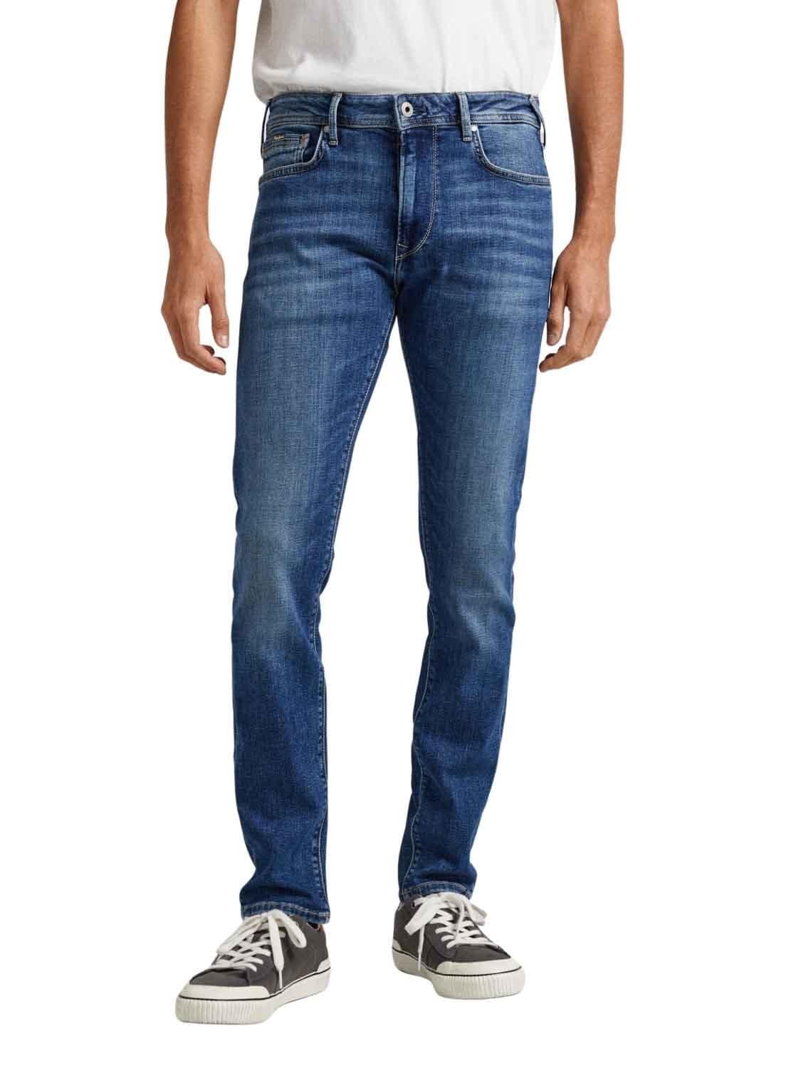 Pepe Jeans London Men’s Stanley Tapered Jeans, Regular Rise Powerflex Stretch Denim, Medium Blue Used Wash