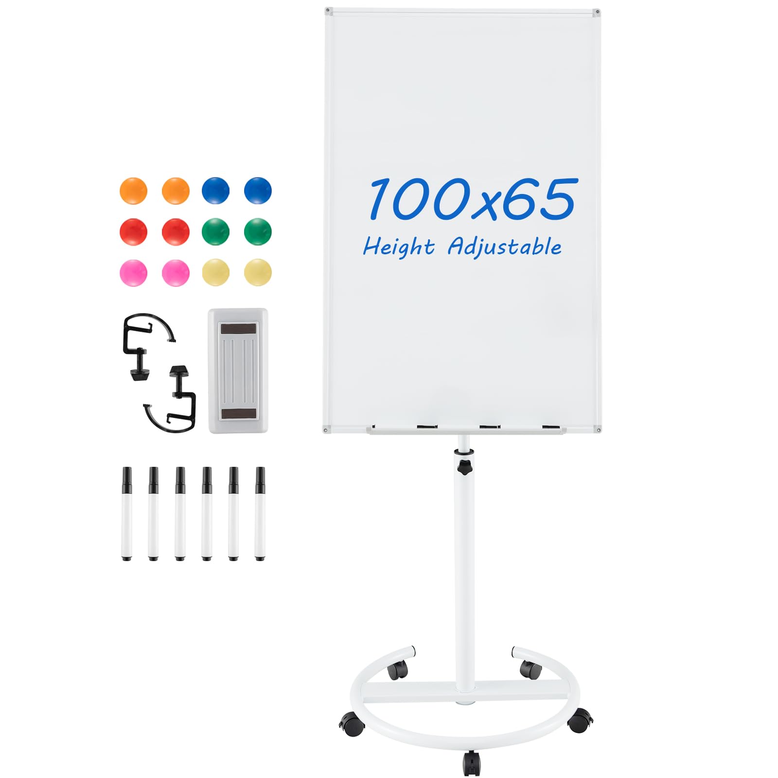LIFEZEAL Lavagna Magnetica, 100x65 cm, Lavagna con Cavalletto, Lavagna Bianca Cancellabile con Ruote Frenabili, Lavagna con Fogli di Carta e Girevole, Regolabile da 1,32m a 1,92m (bianco)