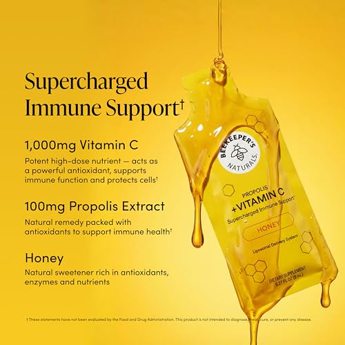 Image of Beekeeper's Naturals Liposomal Vitamin C (1000mg) + Propolis Packets, 12 Ct | Propolis & Honey, Supercharged Immune Support, Increased Bioavailability for Max Absorption