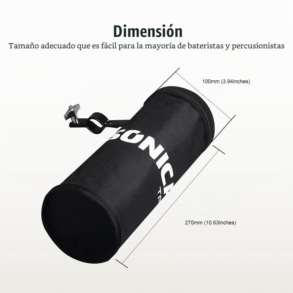 SONICAKE Bolsa para Guardar Las Baquetas de la Batería Nailon con Abrazadera de Aluminio para Kits de batería y Atril para 5 Pares de Baquetas