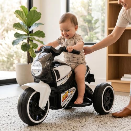 Image of MEKASHI 6V Electric Ride-On Bike for Kids | Storm White | Battery Operated Motorcycle with Bluetooth Music, LED Headlight, Foot Accelerator & Training Wheels | Ride-On Toy for Boys & Girls 1-4 Years