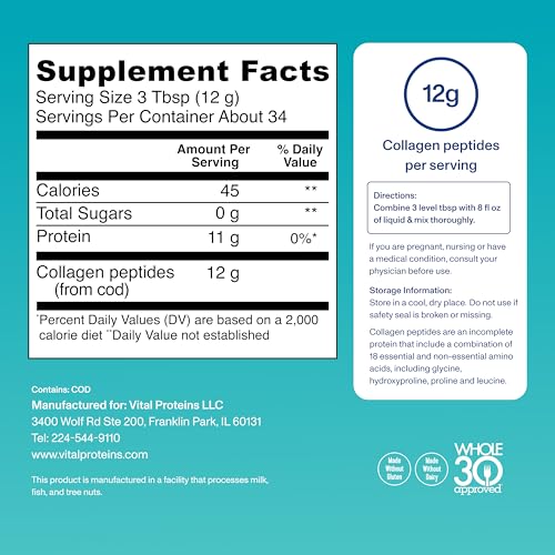 Vital Proteins Marine Collagen Peptides Powder Supplement for Skin Hair Nail Joint - Hydrolyzed Collagen - 12g per Serving - 14.5oz Canister - Image 5