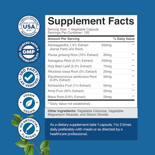 Herbal Adaptogen Mood Support Supplement - Calming Adaptogens Supplement for Stress & Cortisol Management with Ashwagandha Rhodiola Rosea & Maca Root - Vegan & Daytime Friendly - 120 Count - 2 Pack - Image 4