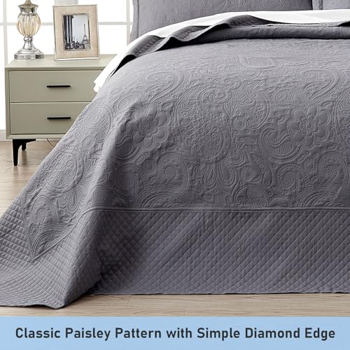 Image of Qucover Alaska King Bedspread 132x 120, Oversized King Bedspread Extra Wide, 3 Piece Soft Microfiber Lightweight Oversized King Quilts Bedding Set, Quilting Paisley Pattern, with Pillow Shams, Grey