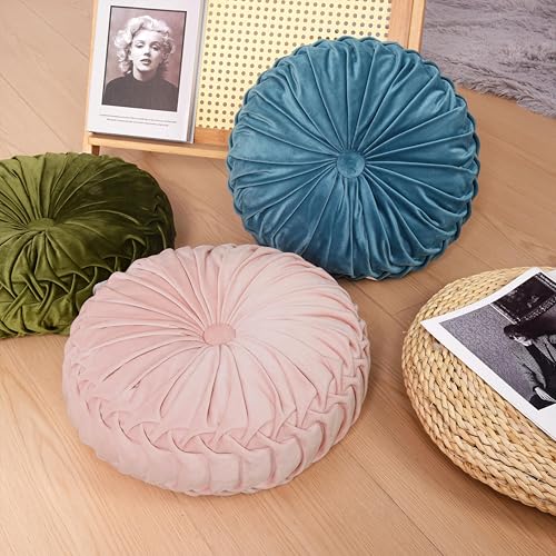 Image of HIG Set of 2 Pink Ruched Velvet Round Throw Pillows - 14.5'' Decorative Pillows with Soft Polyester Filling for Couch, Bed, Living Room, Bedroom, or Dorm - Handmade, Stress Relieving, All-Season