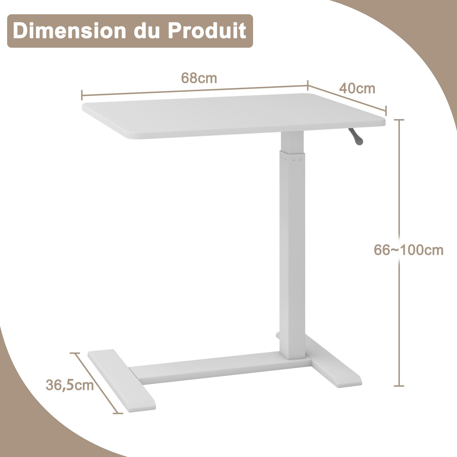 PUNCIA Table de Chevet Médicale Réglable avec roulettes Cachées 68x40 CM | Bureau Debout Mobile Plateau Appoint Portable Table de Lit Amovible Chariot d'Ordinateur Roulant pour Hôpital Maison (Blanc)