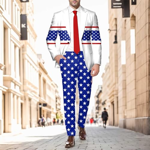 American Flag Suit for Men USA Outfit for The 4th of July with Pants United Stripes Formal Dress Jacket (Dark Blue, XL)2