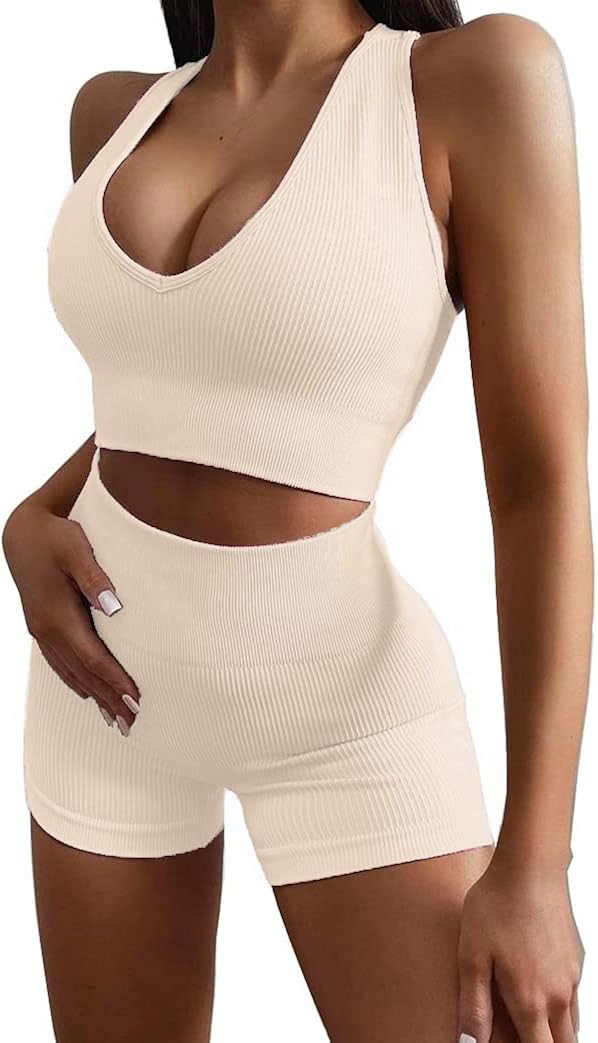 MANON ROSA Trajes de yoga para mujer, sin costuras, conjunto de 2 piezas, leggings cortos, brasier deportivo, ropa de entrenamiento, ropa deportiva