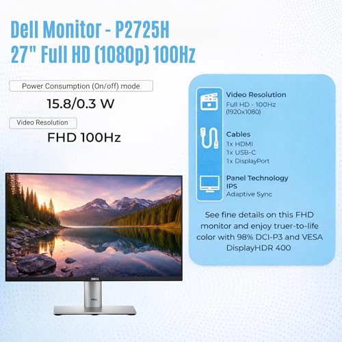 Image of Dell Pro P2725H Plus 27 inch Full HD 1920 x 1080 Monitor - Computer Monitor Screen with Power Cable USB 3.0 Upstream, DisplayPort + HDMI Cables