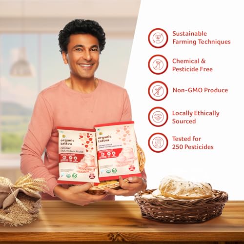 Image of Organic Tattva Whole Wheat Flour 1kg - Stone Ground Chakki Atta for Soft & Tasty Rotis, Everyday Cooking Essential