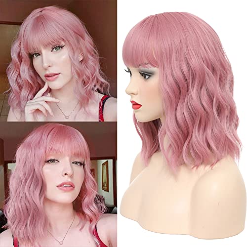 Short Wavy Pink Wig with Bangs Pink Bob Wig Pastel Wavy Wig for Women Shoulder Length Colored Wig Synthetic Natural Looking Cosplay Wig (14inch, pink)