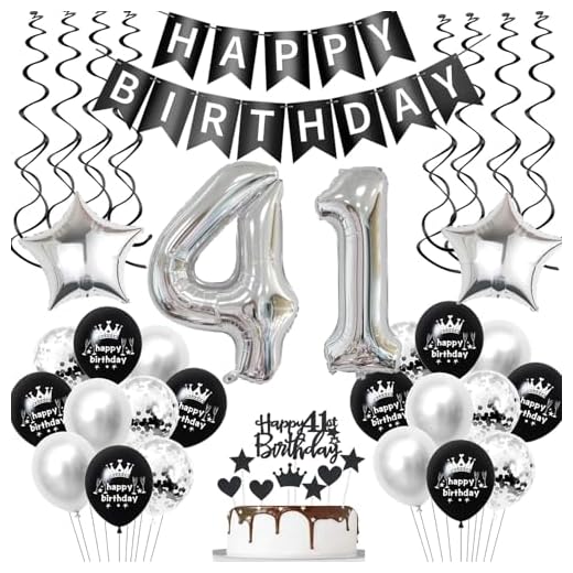 Decoración de cumpleaños para 41 años, hombre, negro y plateado, juego de decoración de 41 años para mujer, decoración de 41 años, para cumpleaños